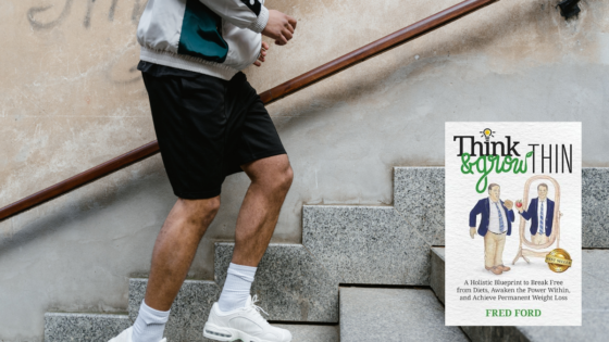 Person walking up stairs with Fred Ford Think and Grow Thin book representing identity-based weight loss transformation