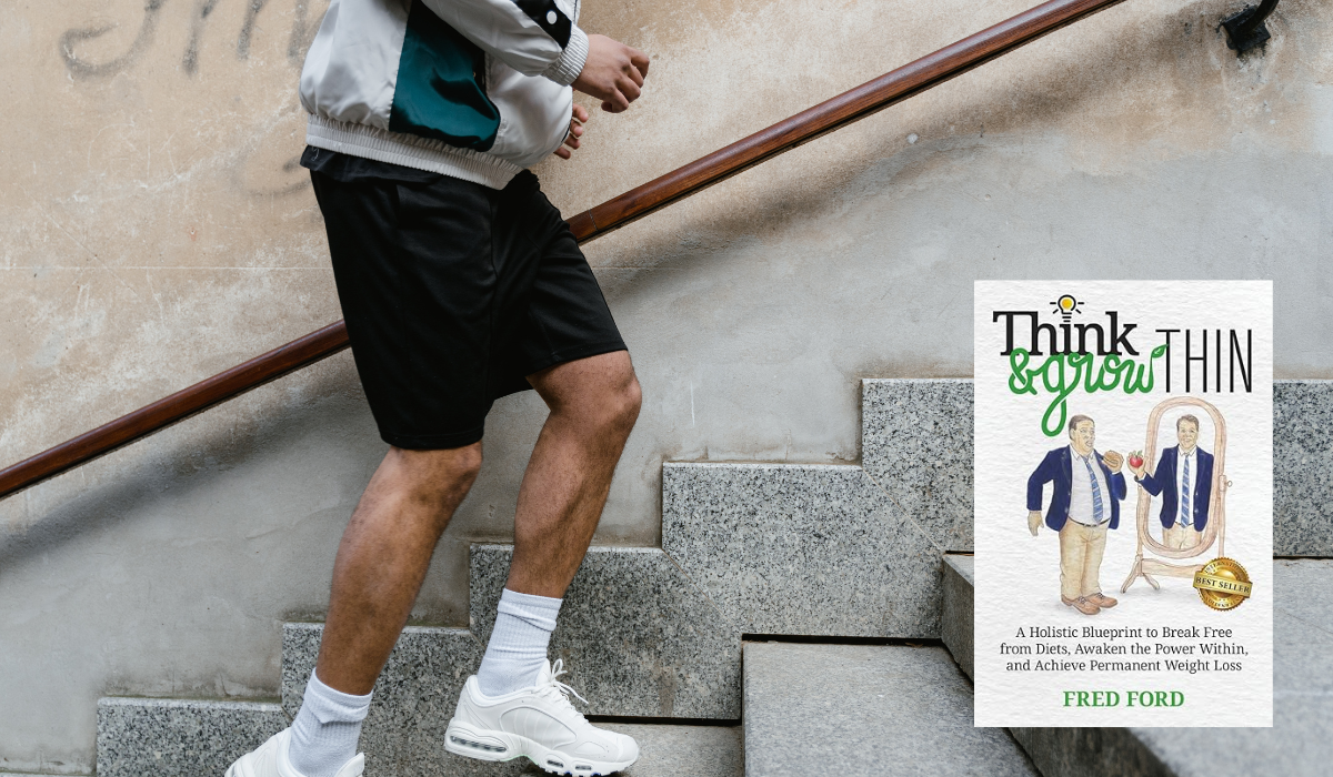Person walking up stairs with Fred Ford Think and Grow Thin book representing identity-based weight loss transformation