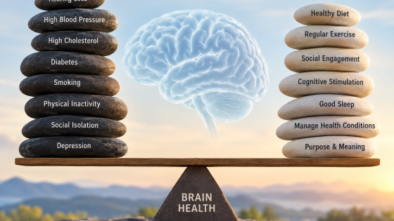 Brain health balance showing dementia risk factors and protective lifestyle factors