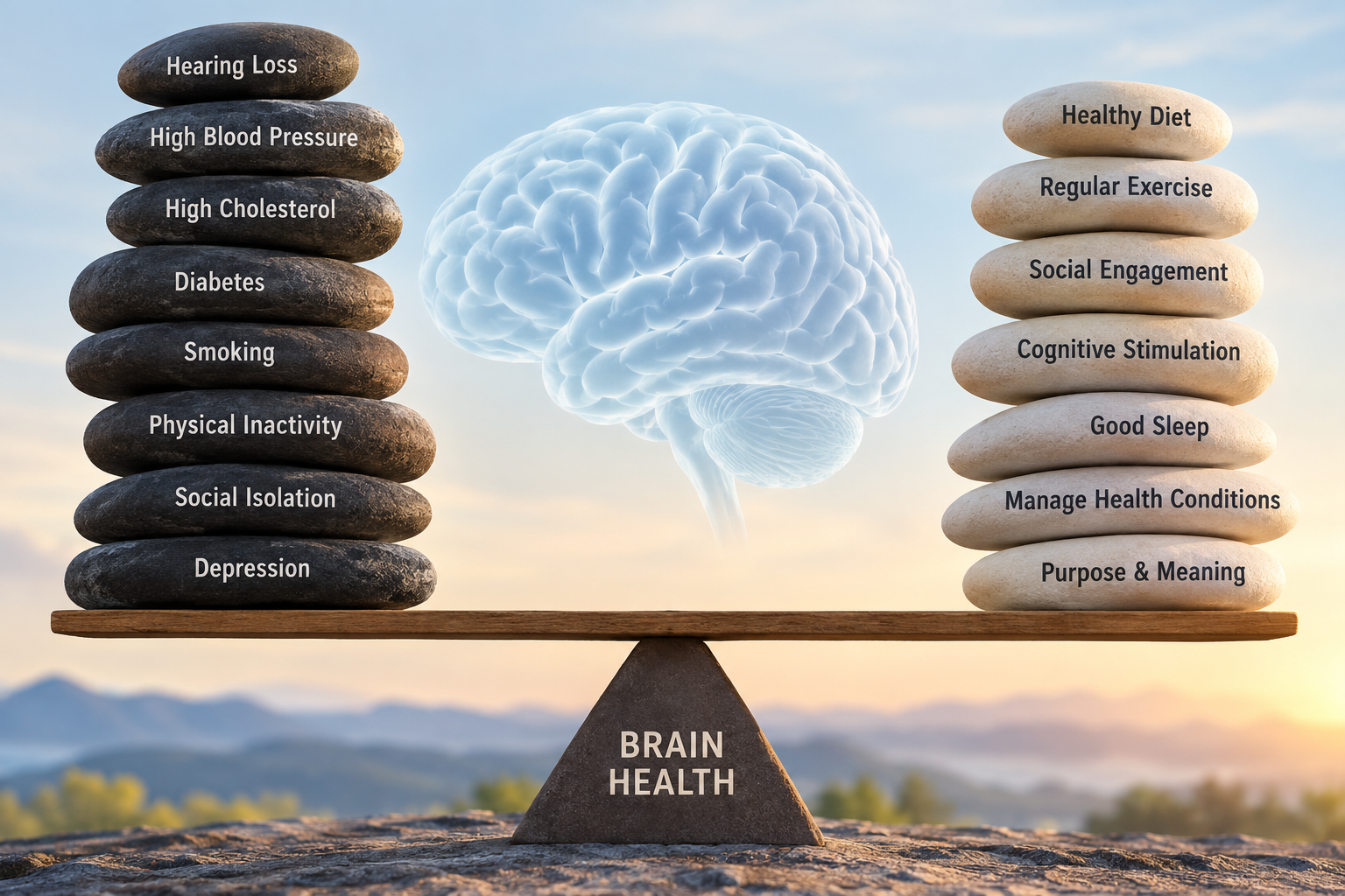 Brain health balance showing dementia risk factors and protective lifestyle factors