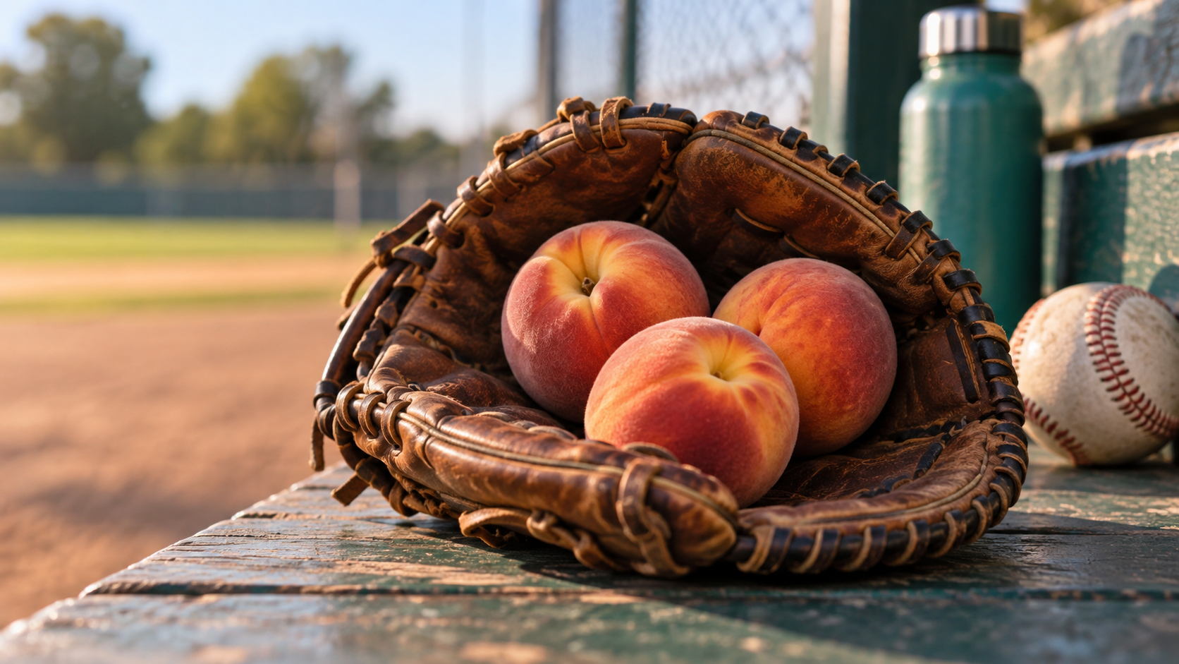 Worn baseball glove holding three peaches on a dugout bench beside a baseball